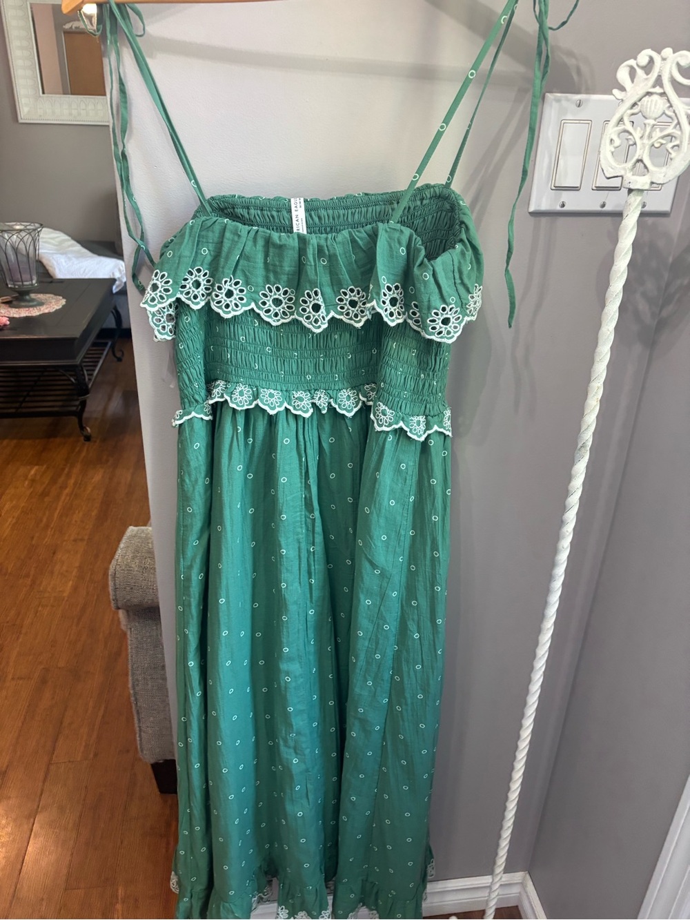 American Eagle Green Smocked Midi Dress with Lace Trim - Picture 8 of 8